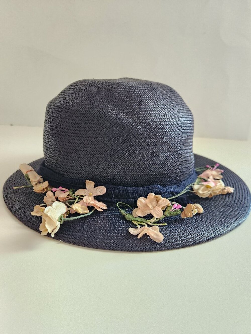 Vintage Navy Blue Straw Hat with Flowers *AS IS*